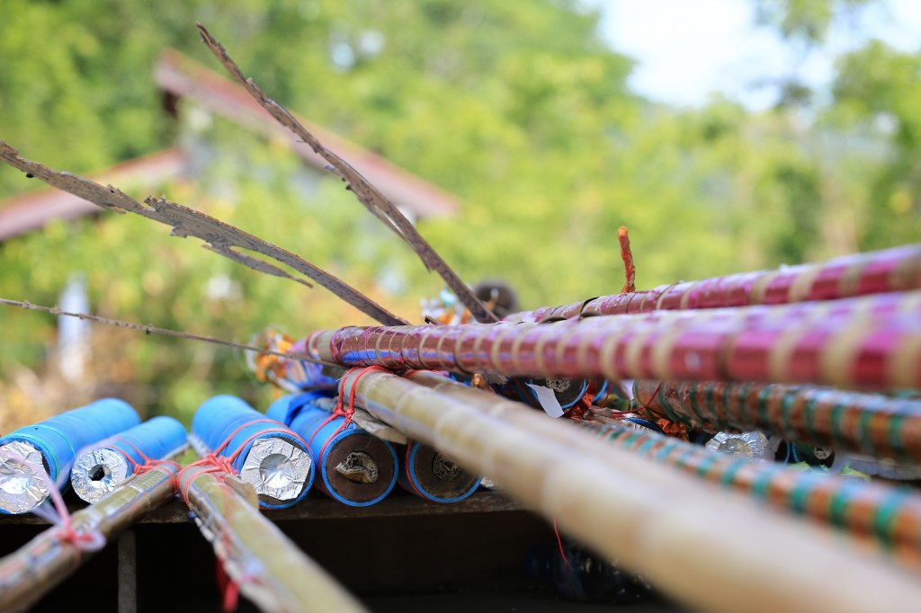 decorated bamboo rockets at boun bang fai rocket festival in laos