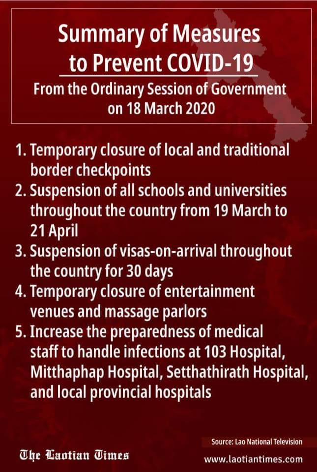 Statement from the Lao Government on Coronavirus safety measures as of March 19, 2020, border crossings closed, no visas issued, school closings