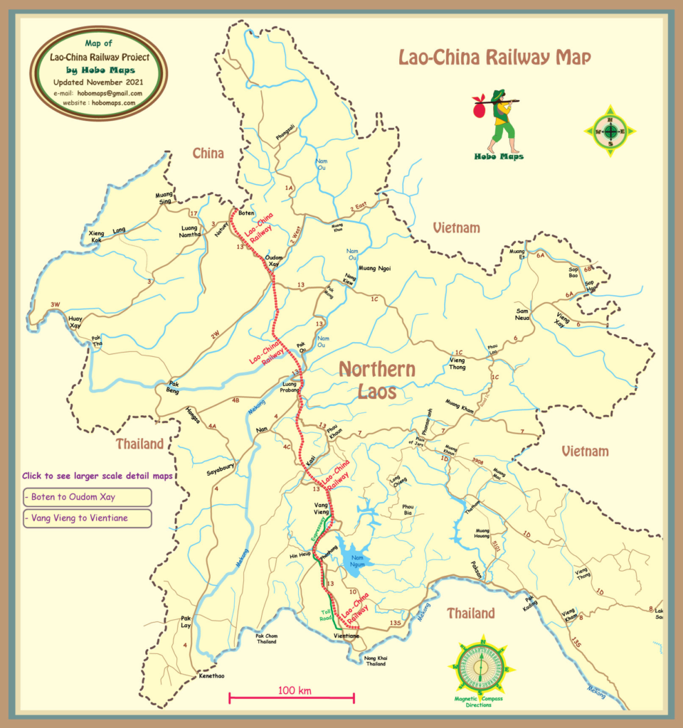 Laos-China railway route map by Hobo maps.